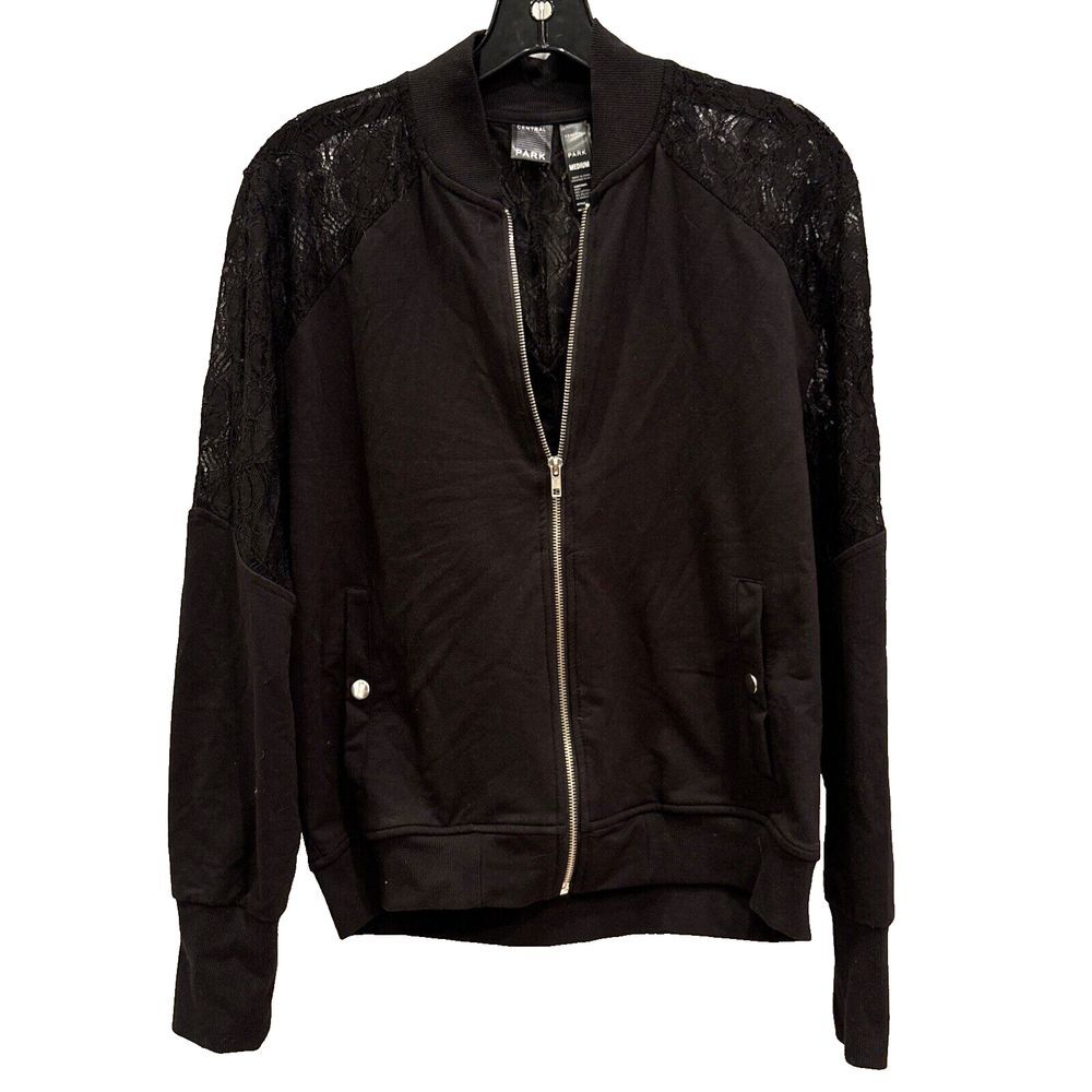 EUC Central Park Lace Black Mixed Media Sweatshirt Jacket Womens‎ Medium